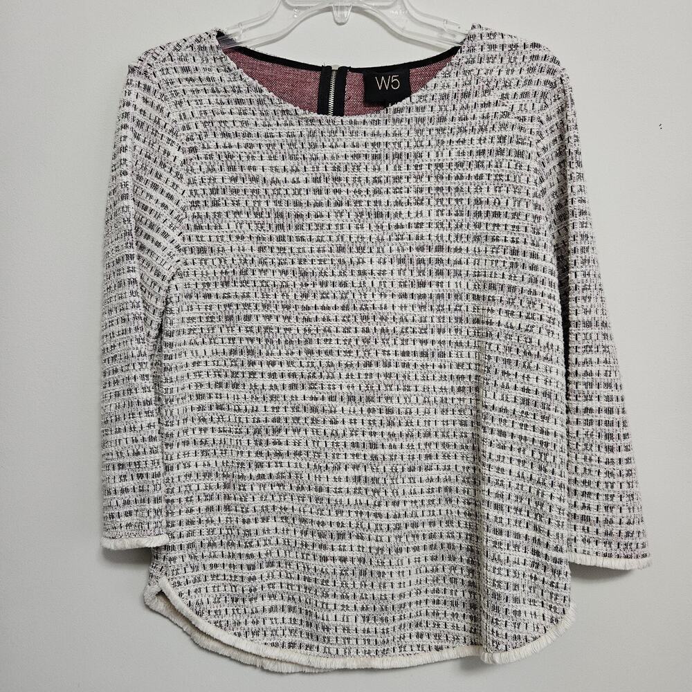 W5 Anthropologie Women's 3/4 Sleeve Tweed Top Fringe Hem Shirt Size Small